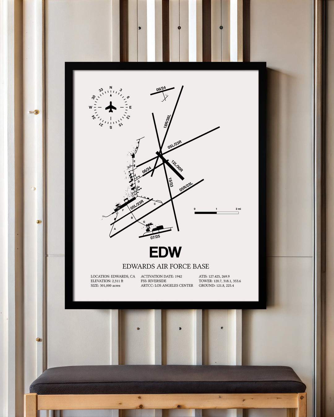 Framed Detailed Airport Map of Edwards Air Force Base (EDW) in White with a Black Frame