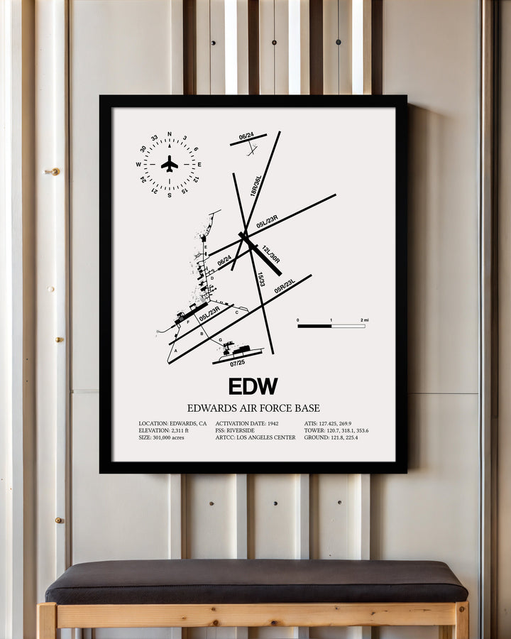 Framed Detailed Airport Map of Edwards Air Force Base (EDW) in White with a Black Frame