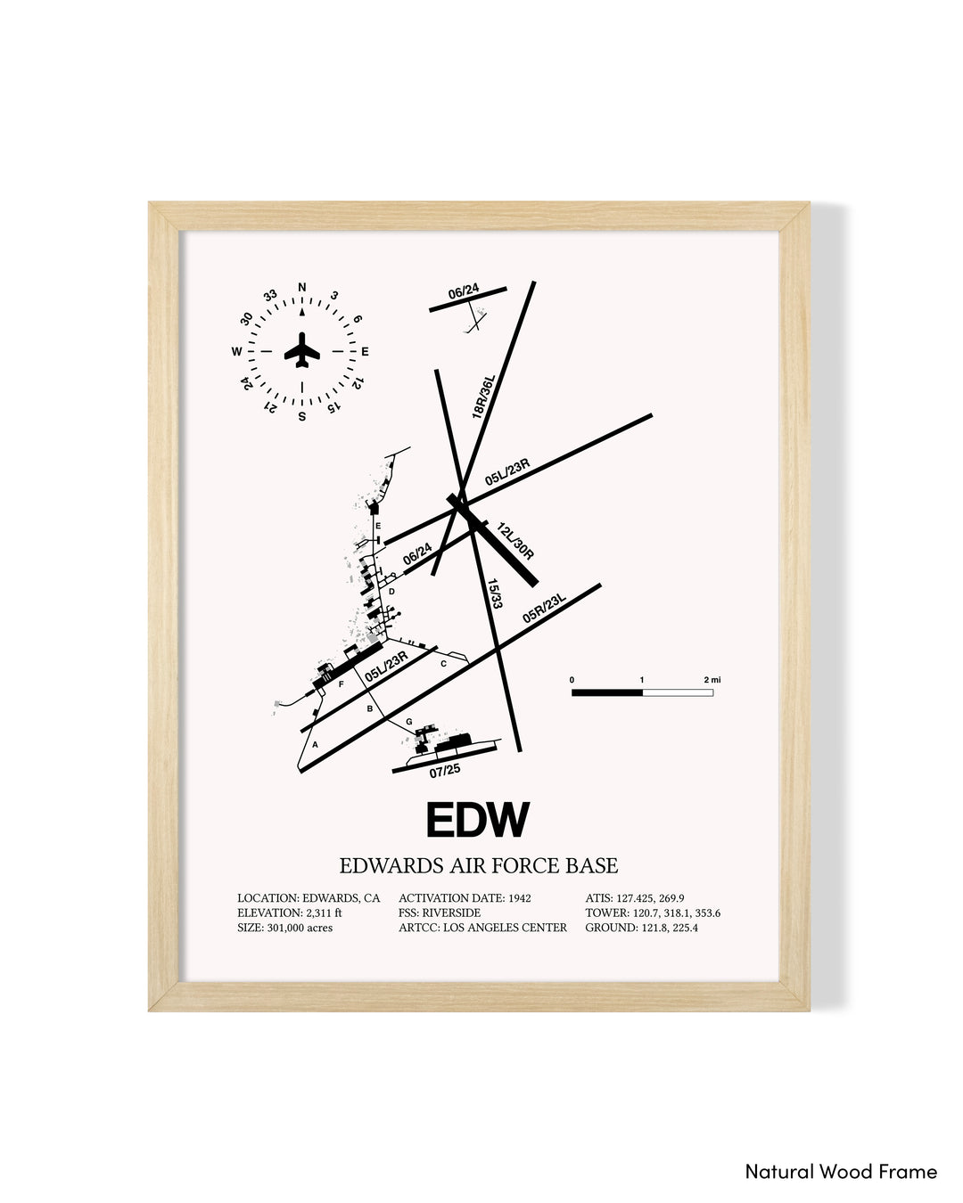 Detailed Airport Map of Edwards Air Force Base (EDW) in White with a Natural Frame