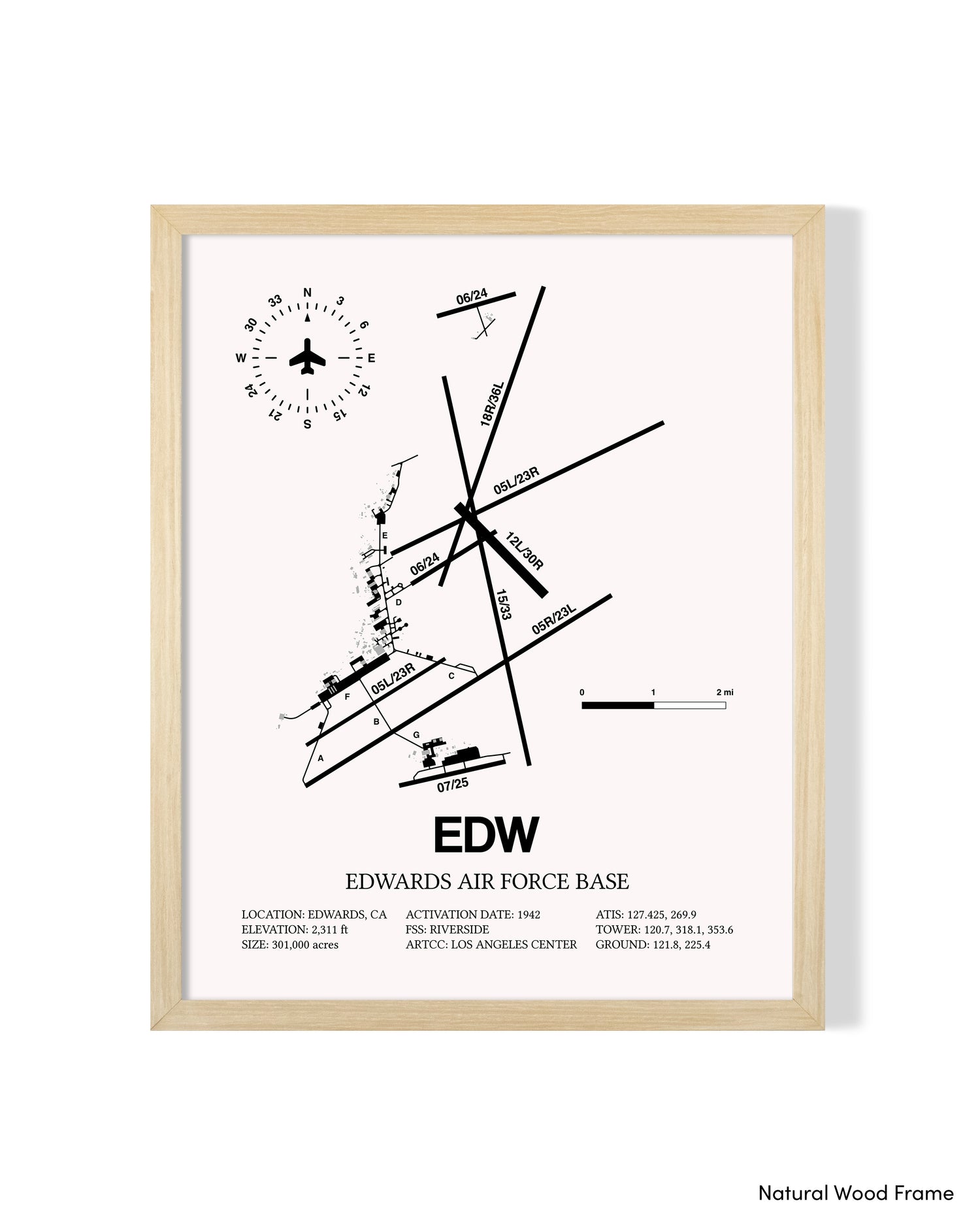 Detailed Airport Map of Edwards Air Force Base (EDW) in White with a Natural Frame