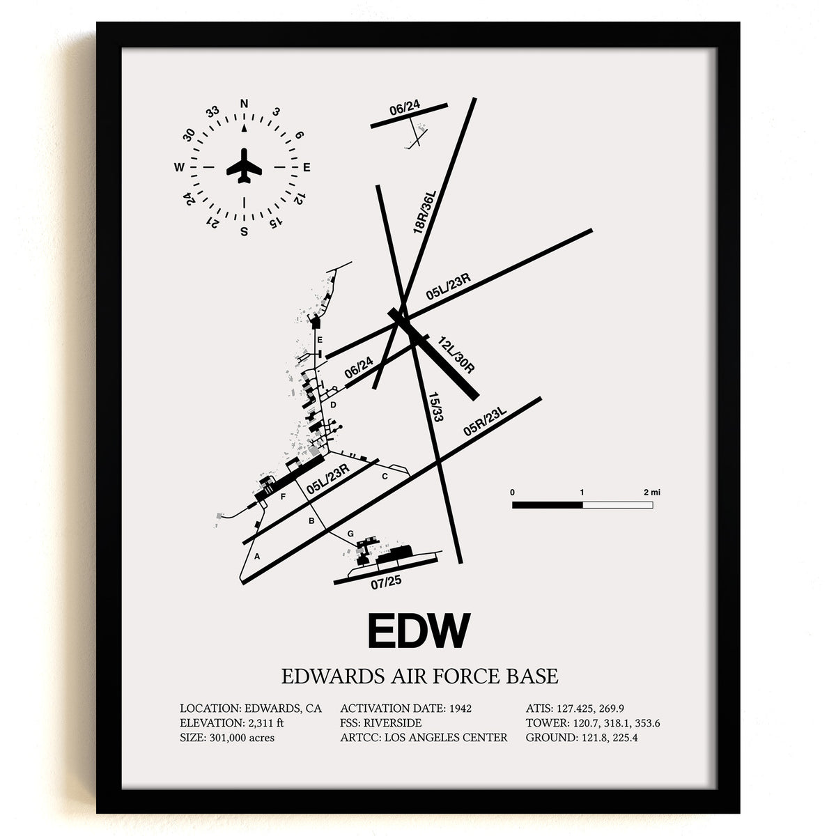 Framed Detailed Airport Map of Edwards Air Force Base (EDW) in White with a Black Frame
