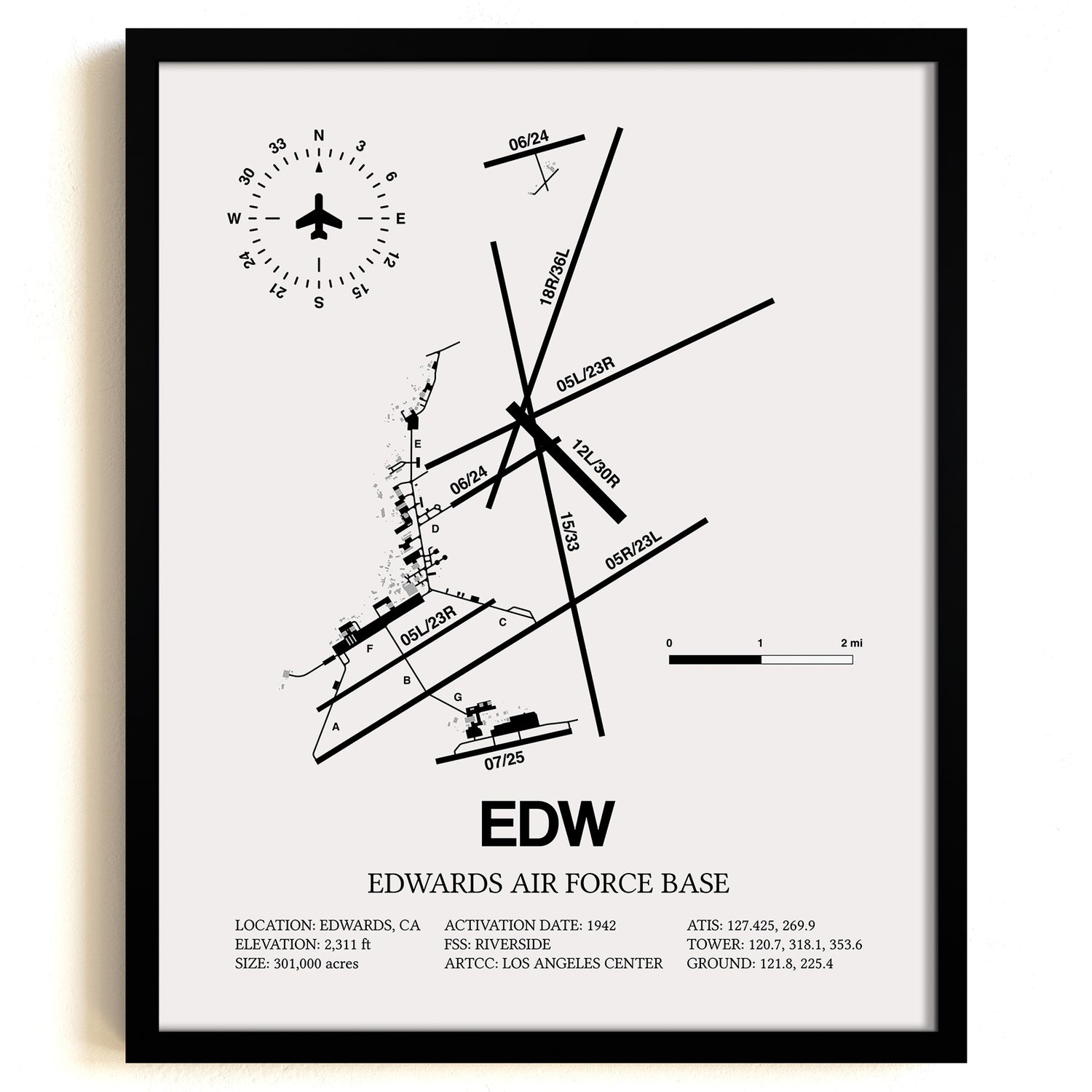 Framed Detailed Airport Map of Edwards Air Force Base (EDW) in White with a Black Frame