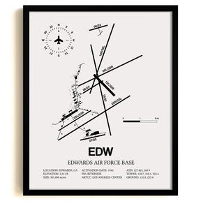 Framed Detailed Airport Map of Edwards Air Force Base (EDW) in White with a Black Frame