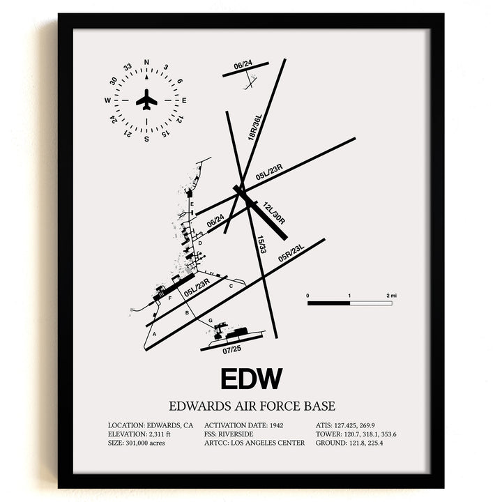 Framed Detailed Airport Map of Edwards Air Force Base (EDW) in White with a Black Frame
