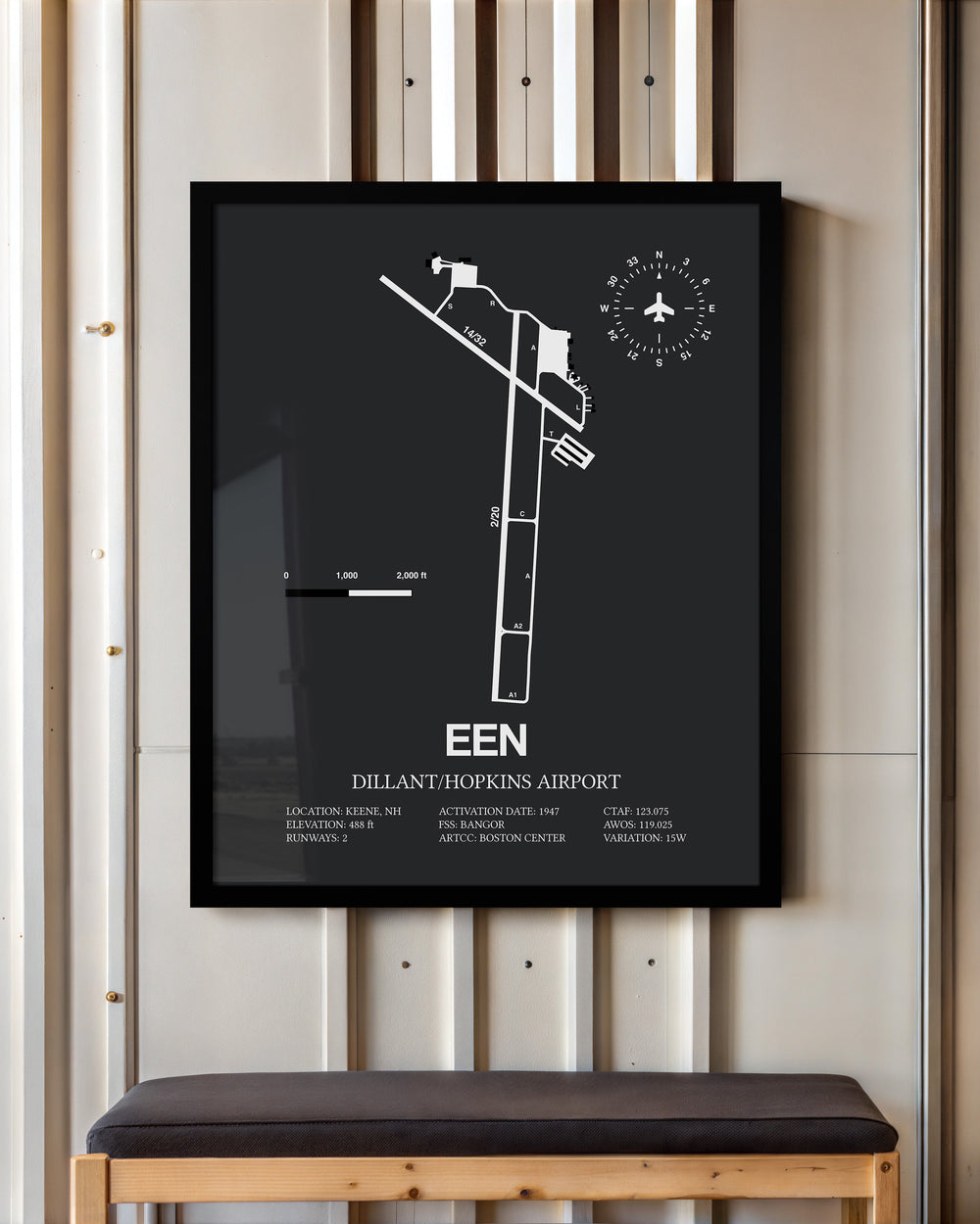 Framed Detailed Airport Map of Dillant/Hopkins Airport (EEN) in Gray with a Black Frame