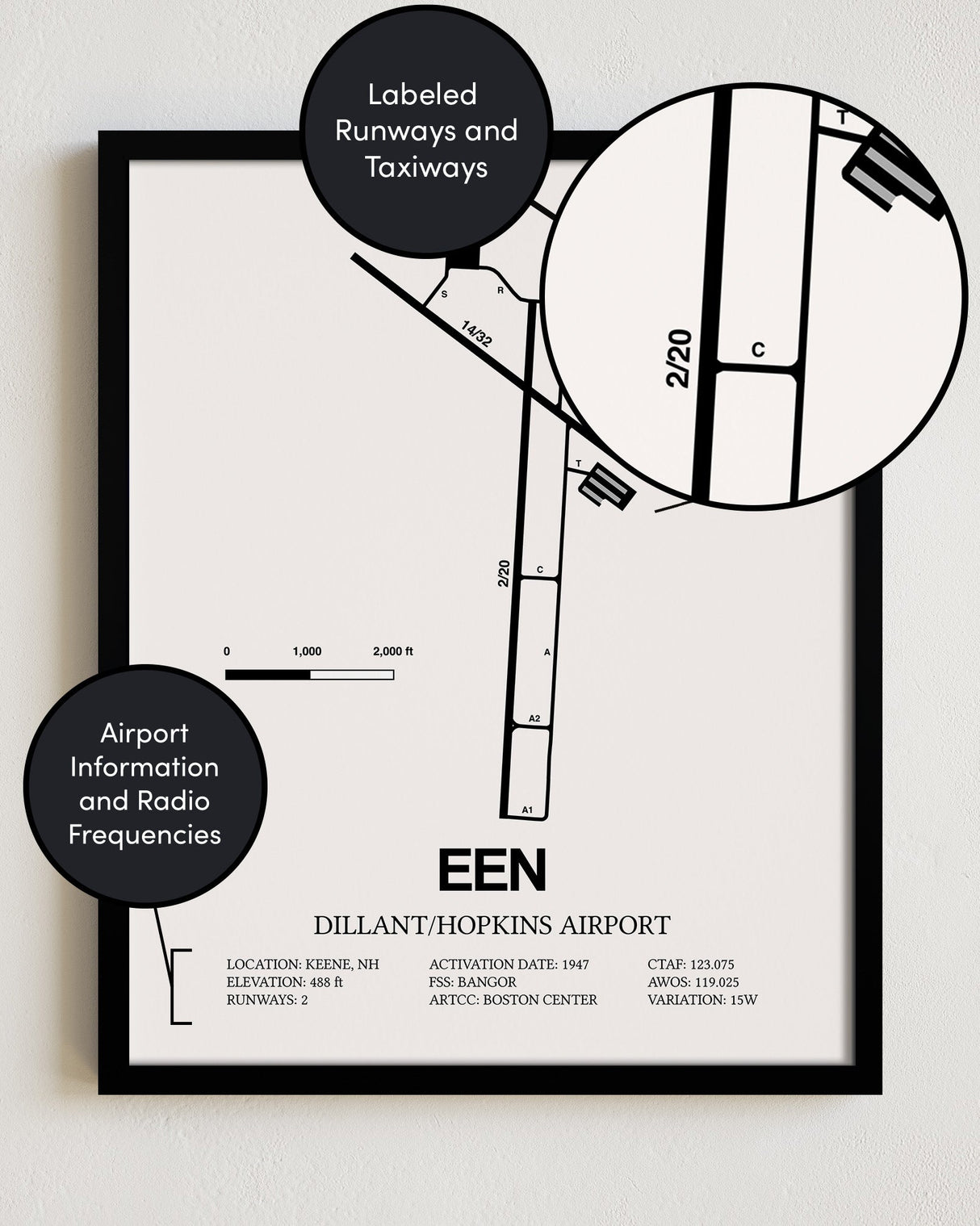 Framed Detailed Airport Map of Dillant/Hopkins Airport (EEN) in White with a Black Frame
