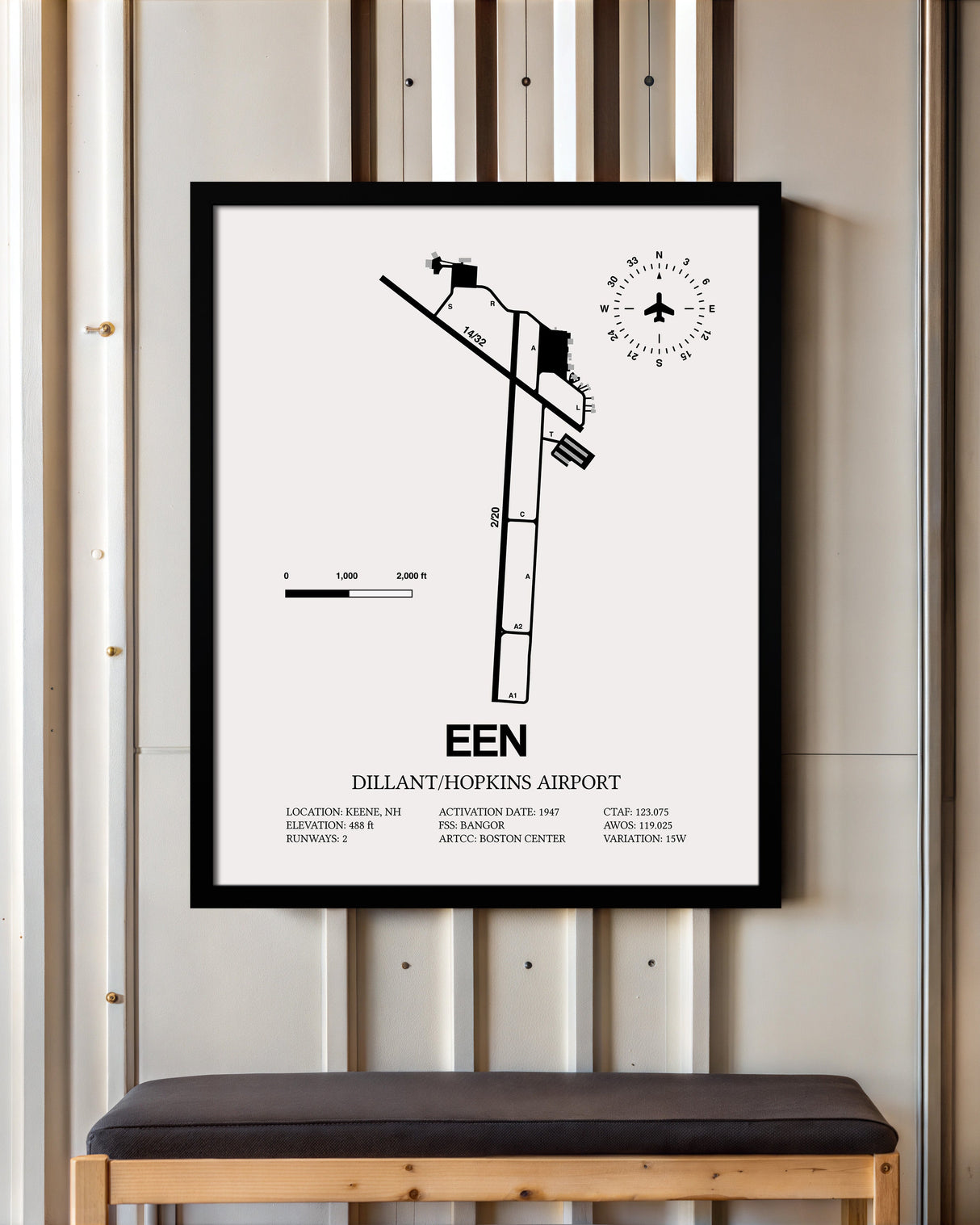 Framed Detailed Airport Map of Dillant/Hopkins Airport (EEN) in White with a Black Frame
