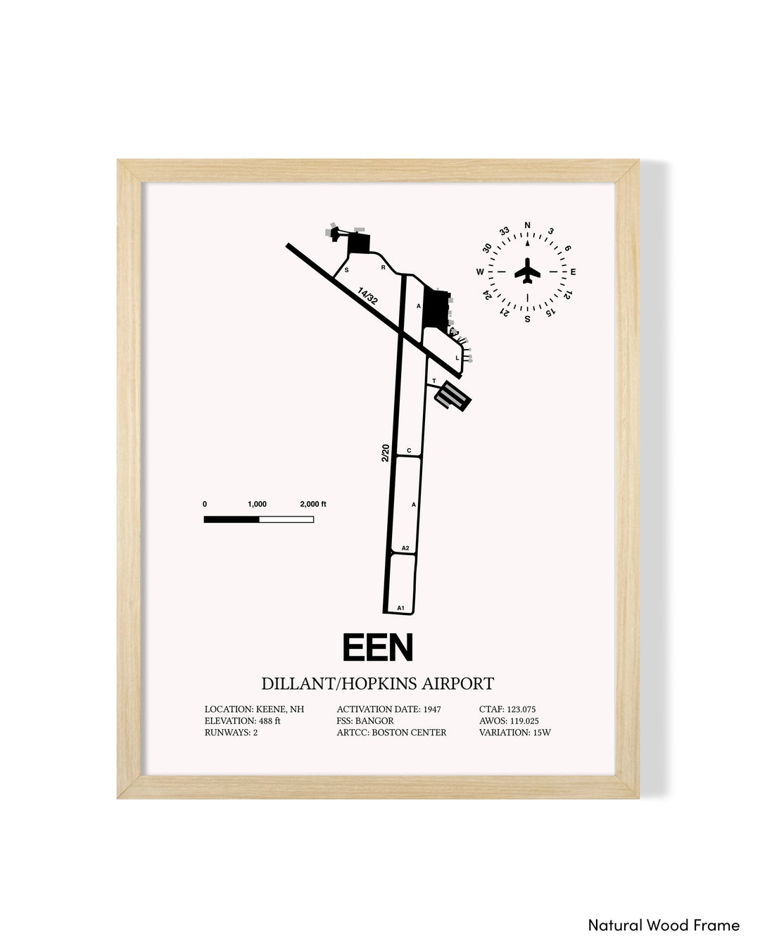 Detailed Airport Map of Dillant/Hopkins Airport (EEN) in White with a Natural Frame