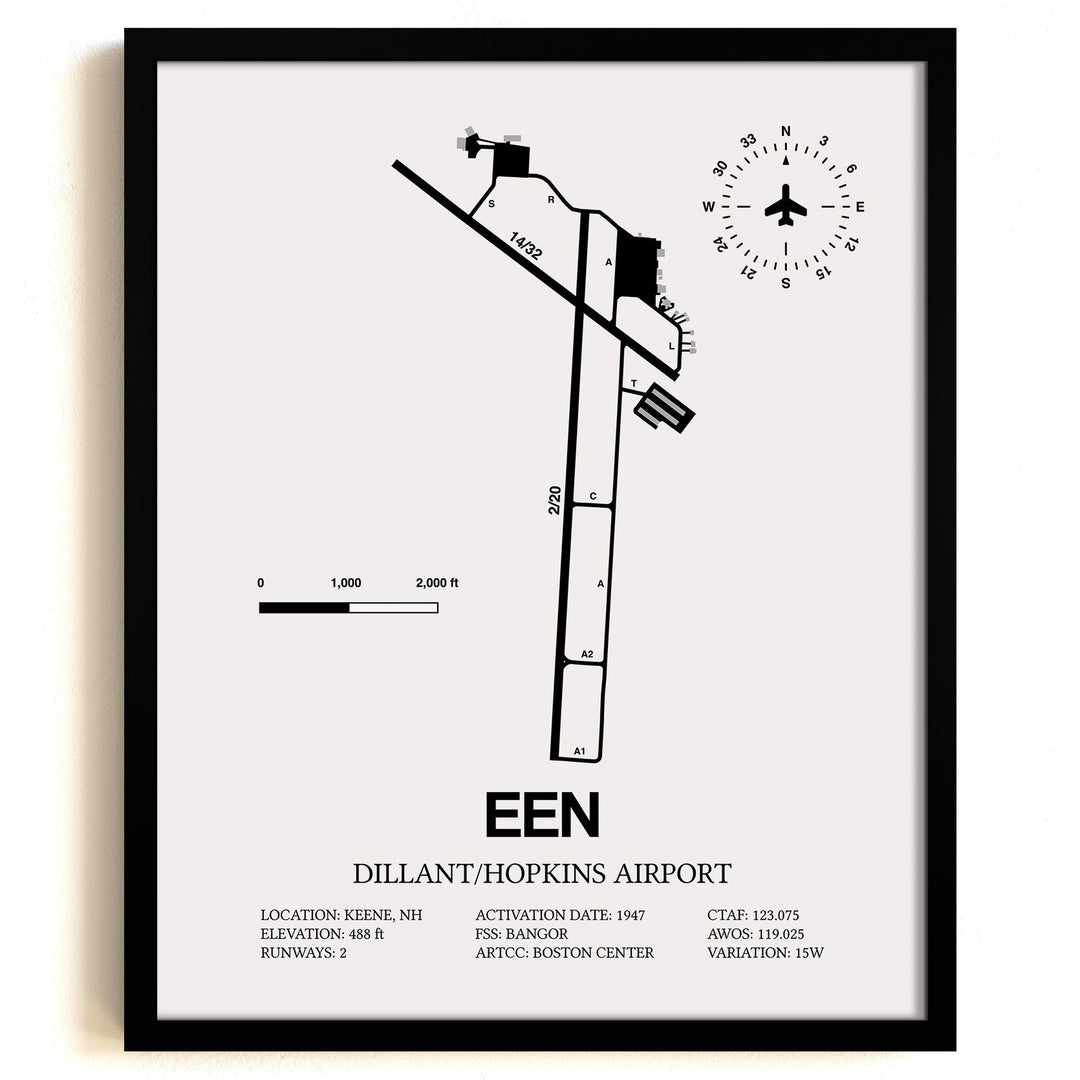 Framed Detailed Airport Map of Dillant/Hopkins Airport (EEN) in White with a Black Frame