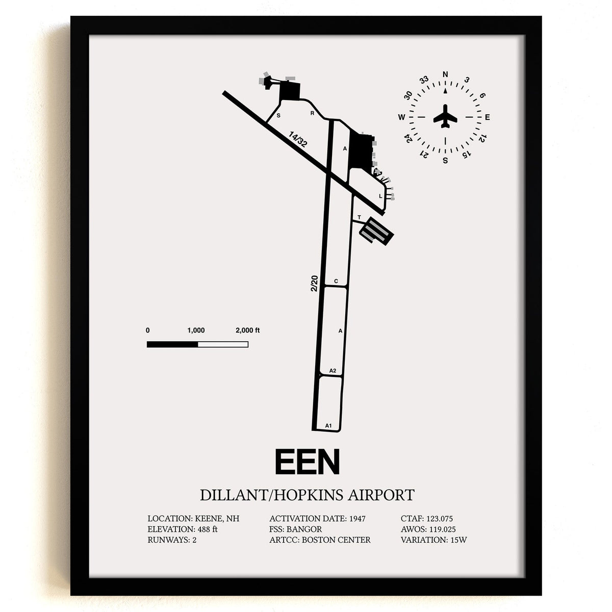 Framed Detailed Airport Map of Dillant/Hopkins Airport (EEN) in White with a Black Frame