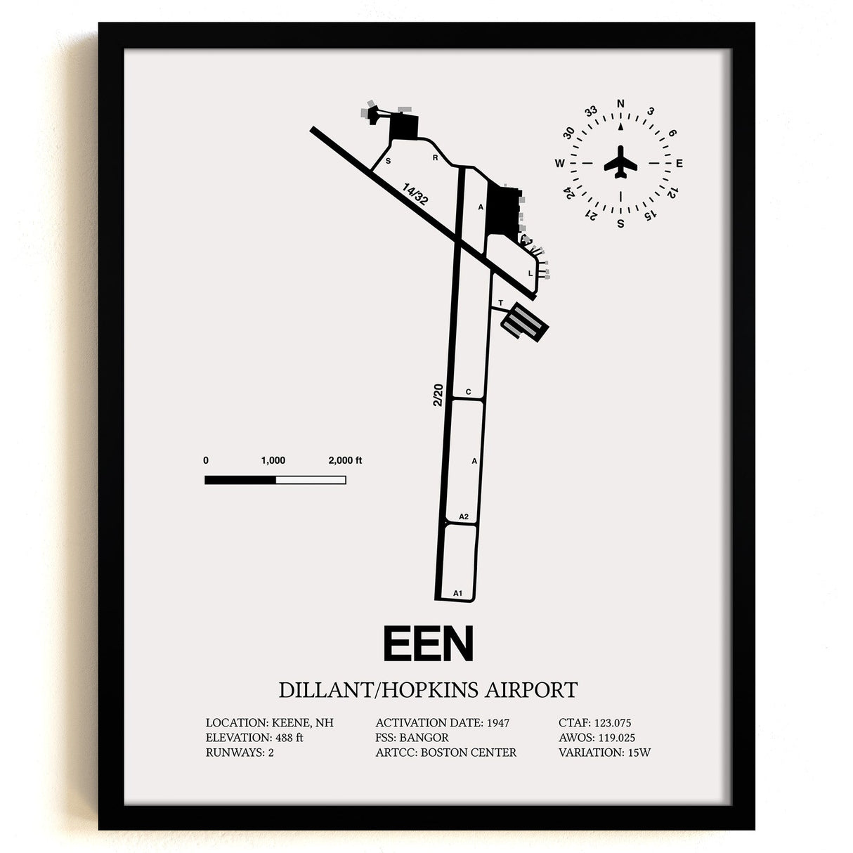 Framed Detailed Airport Map of Dillant/Hopkins Airport (EEN) in White with a Black Frame
