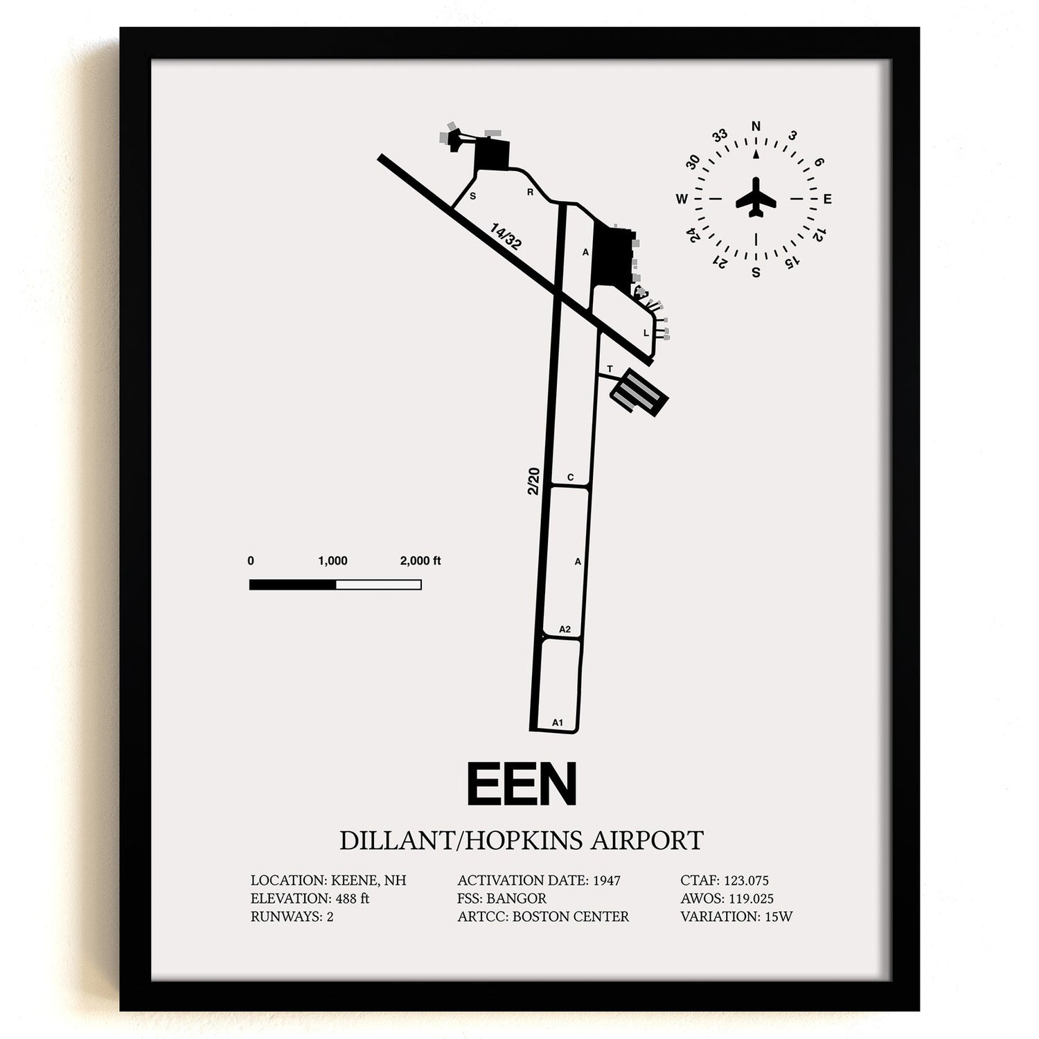 Framed Detailed Airport Map of Dillant/Hopkins Airport (EEN) in White with a Black Frame