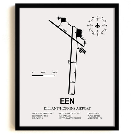 Framed Detailed Airport Map of Dillant/Hopkins Airport (EEN) in White with a Black Frame