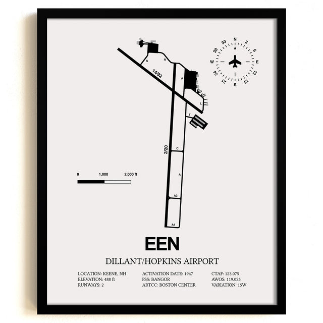 Framed Detailed Airport Map of Dillant/Hopkins Airport (EEN) in White with a Black Frame
