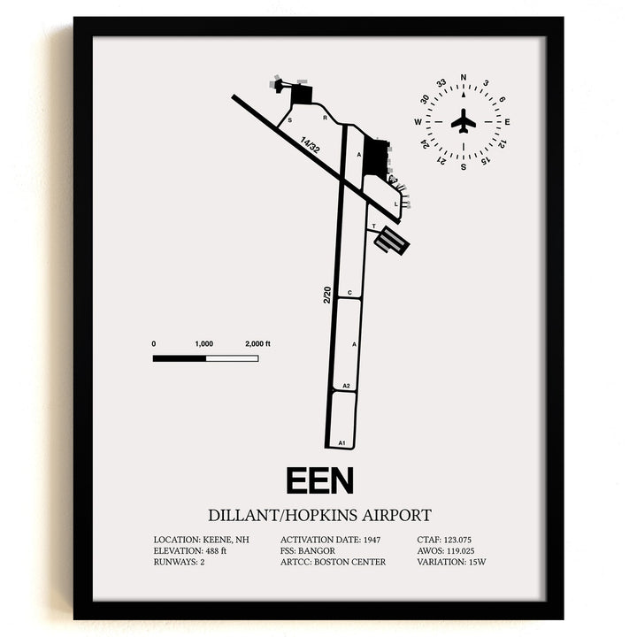 Framed Detailed Airport Map of Dillant/Hopkins Airport (EEN) in White with a Black Frame