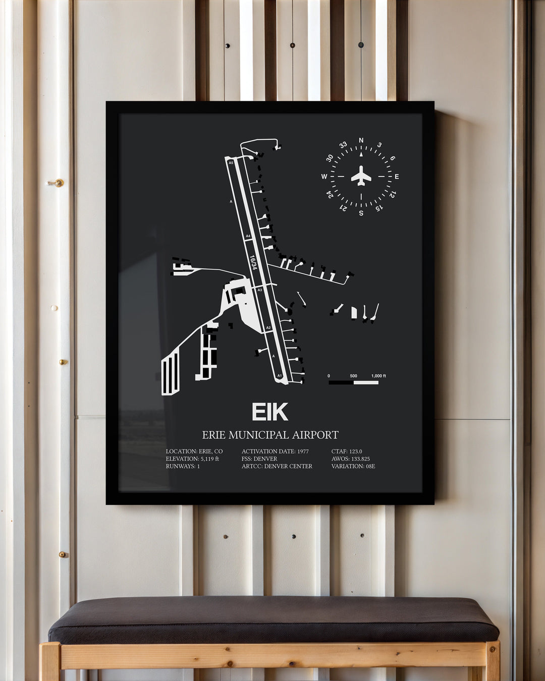 Framed Detailed Airport Map of Erie Municipal Airport (EIK) in Gray with a Black Frame