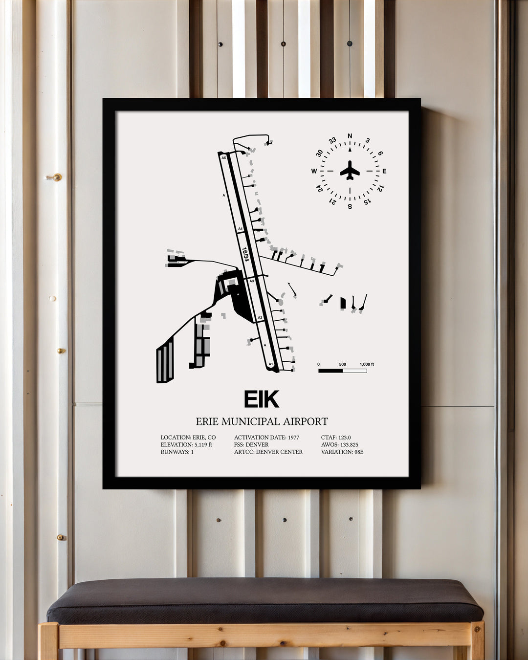 Framed Detailed Airport Map of Erie Municipal Airport (EIK) in White with a Black Frame
