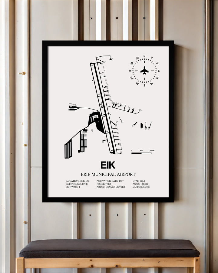 Framed Detailed Airport Map of Erie Municipal Airport (EIK) in White with a Black Frame
