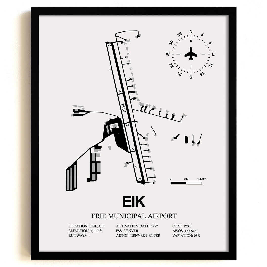 Framed Detailed Airport Map of Erie Municipal Airport (EIK) in White with a Black Frame