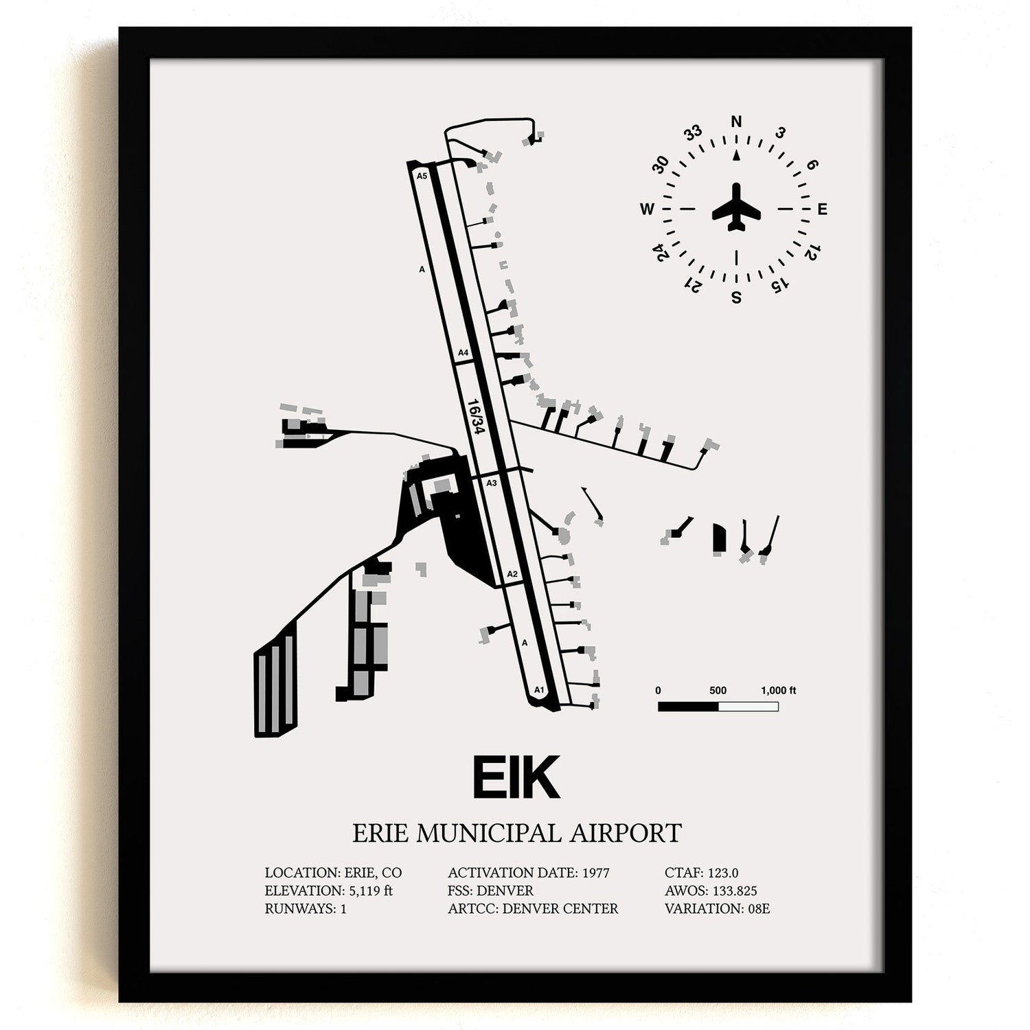Framed Detailed Airport Map of Erie Municipal Airport (EIK) in White with a Black Frame