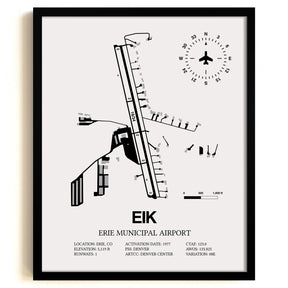 Framed Detailed Airport Map of Erie Municipal Airport (EIK) in White with a Black Frame