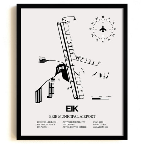 Framed Detailed Airport Map of Erie Municipal Airport (EIK) in White with a Black Frame