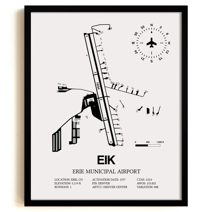 Framed Detailed Airport Map of Erie Municipal Airport (EIK) in White with a Black Frame