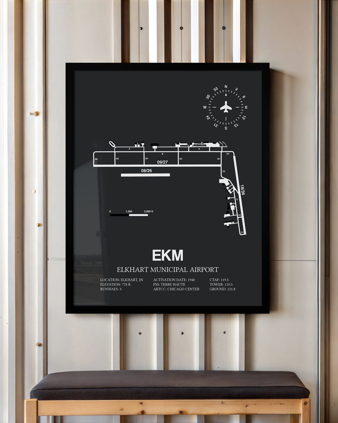 Framed Detailed Airport Map of Elkhart Municipal Airport (EKM) in Gray with a Black Frame