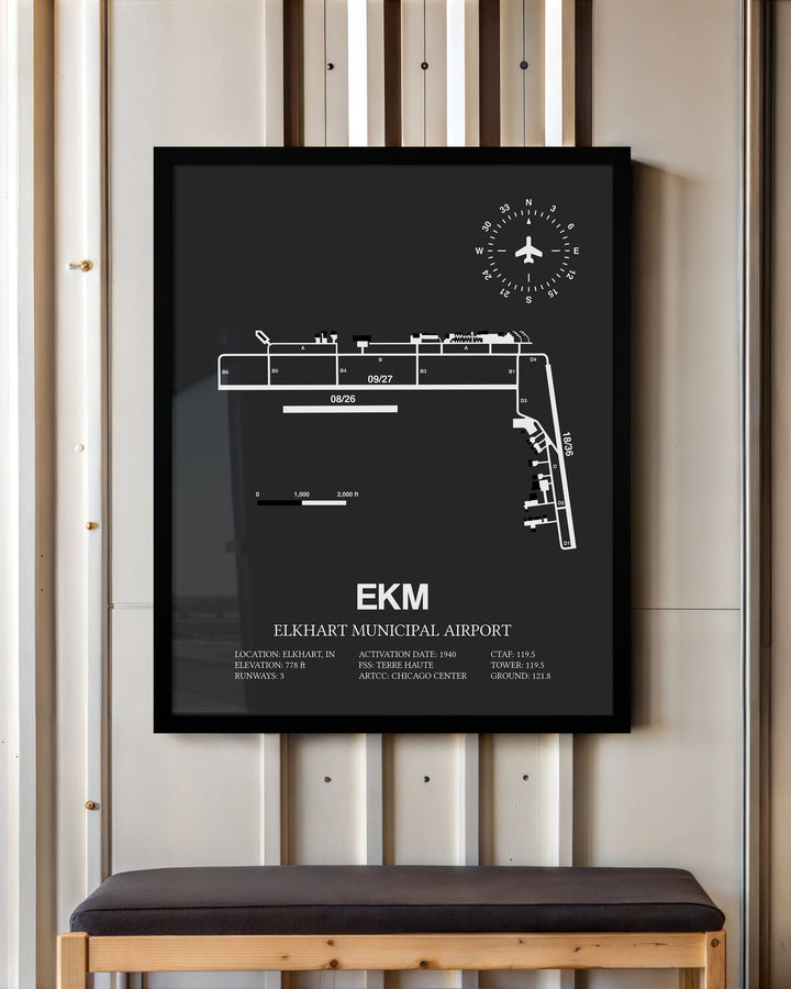Framed Detailed Airport Map of Elkhart Municipal Airport (EKM) in Gray with a Black Frame
