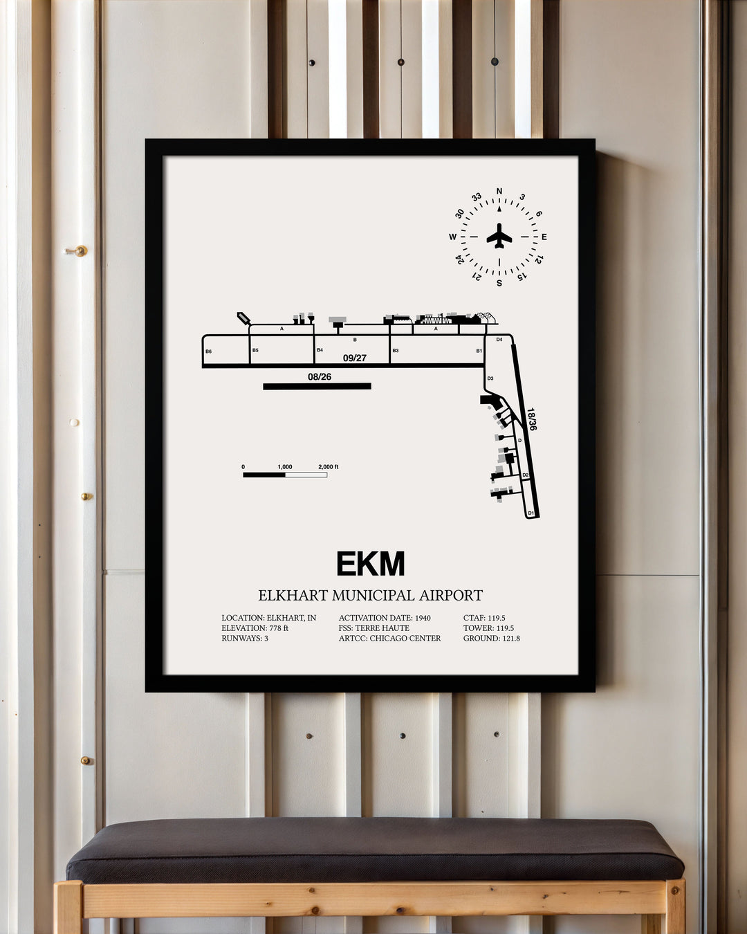 Framed Detailed Airport Map of Elkhart Municipal Airport (EKM) in White with a Black Frame