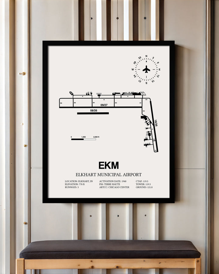 Framed Detailed Airport Map of Elkhart Municipal Airport (EKM) in White with a Black Frame