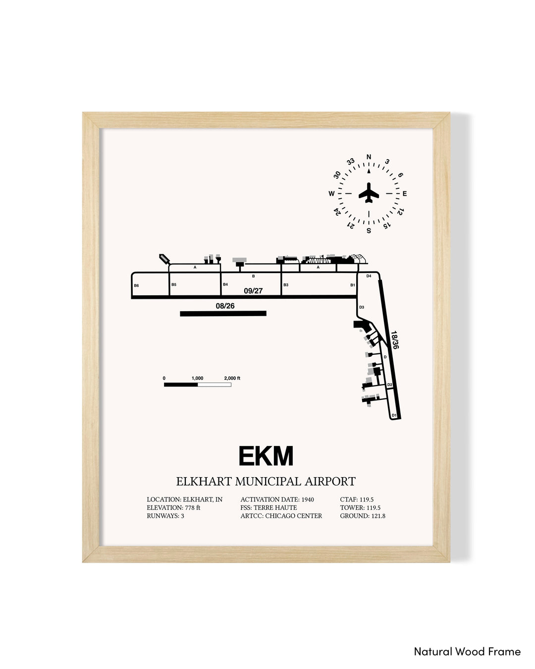Detailed Airport Map of Elkhart Municipal Airport (EKM) in White with a Natural Frame