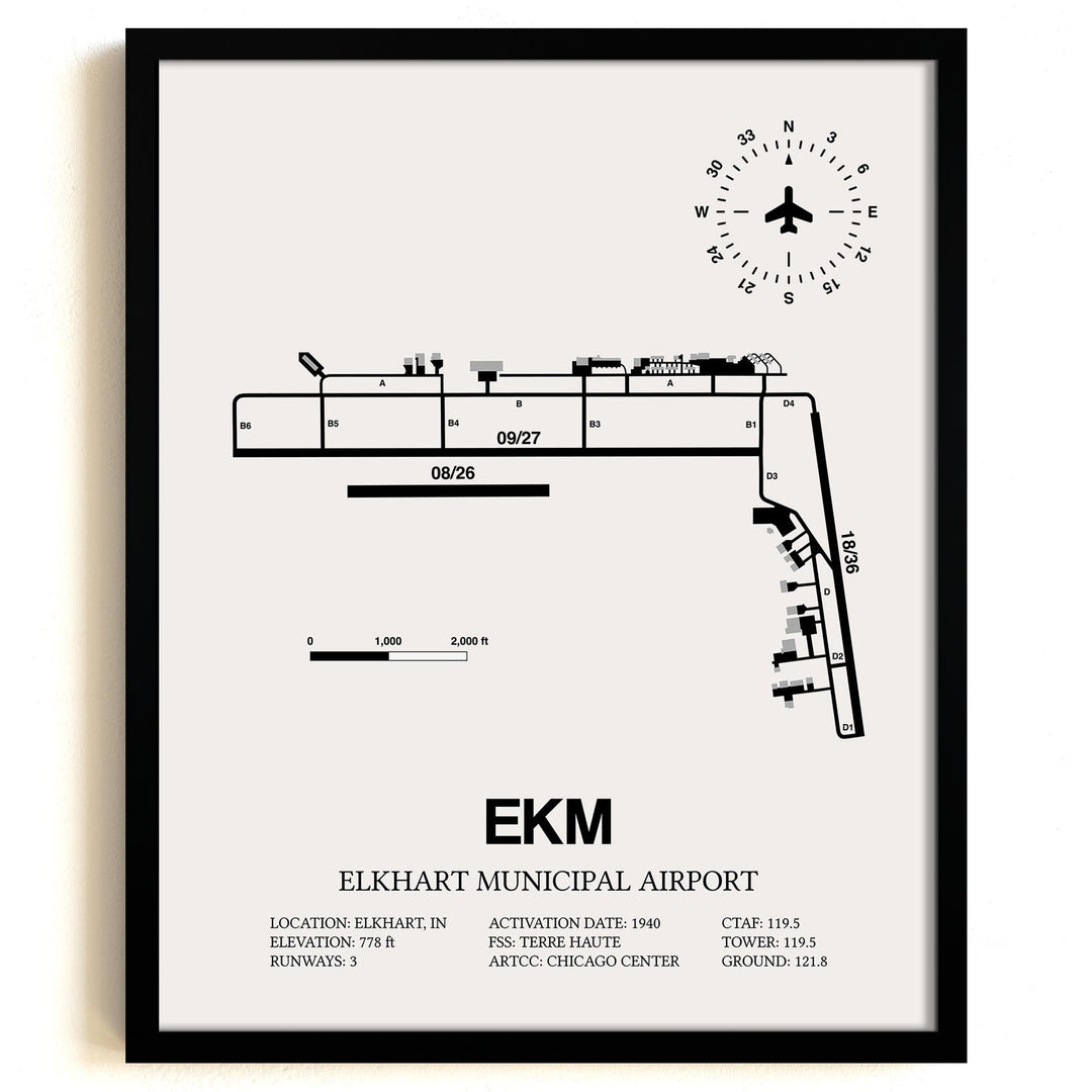 Framed Detailed Airport Map of Elkhart Municipal Airport (EKM) in White with a Black Frame