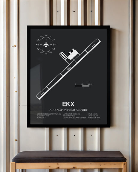 Framed Detailed Airport Map of Addington Field Airport (EKX) in Gray with a Black Frame