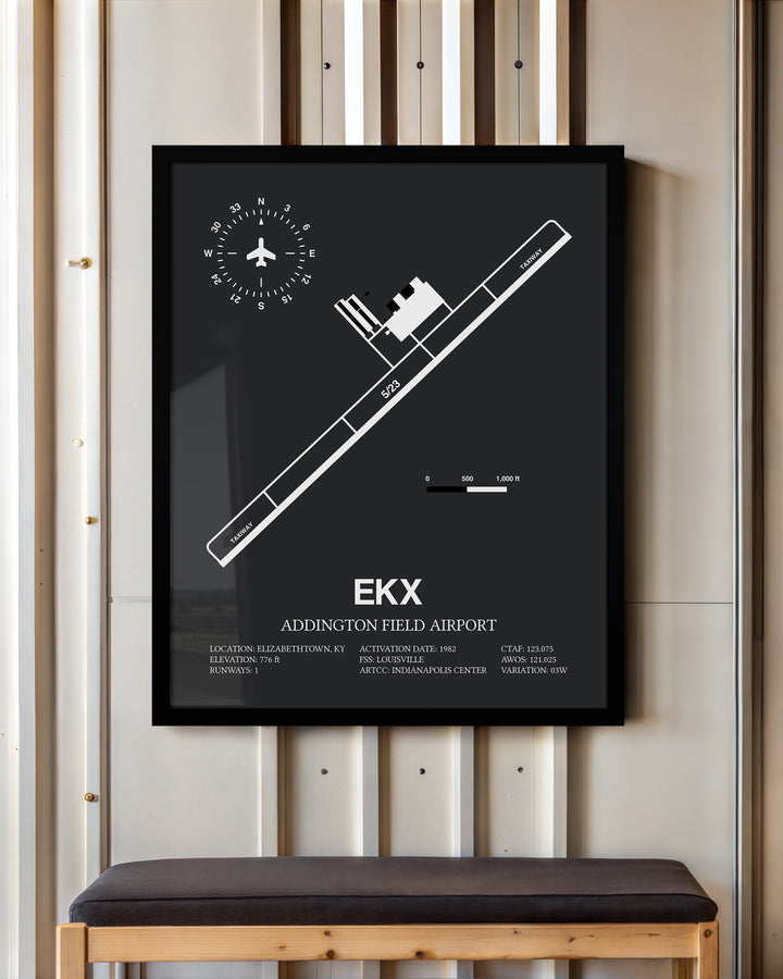 Framed Detailed Airport Map of Addington Field Airport (EKX) in Gray with a Black Frame