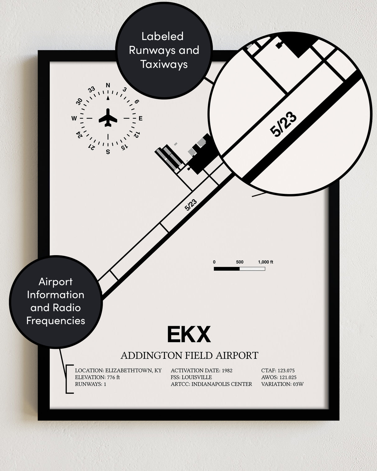 Framed Detailed Airport Map of Addington Field Airport (EKX) in White with a Black Frame