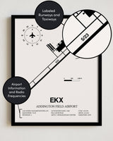 Framed Detailed Airport Map of Addington Field Airport (EKX) in White with a Black Frame
