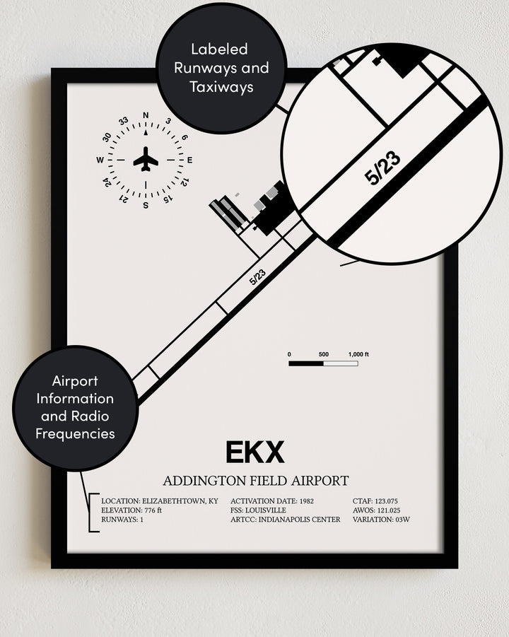 Framed Detailed Airport Map of Addington Field Airport (EKX) in White with a Black Frame