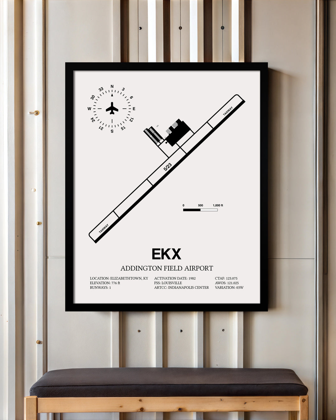 Framed Detailed Airport Map of Addington Field Airport (EKX) in White with a Black Frame