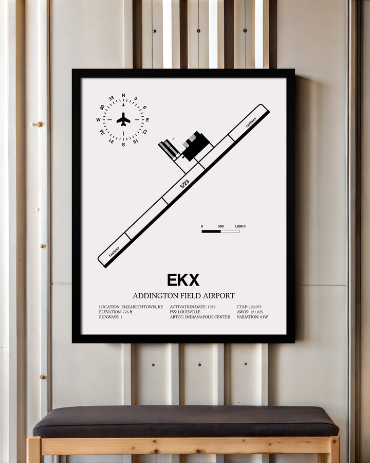 Framed Detailed Airport Map of Addington Field Airport (EKX) in White with a Black Frame
