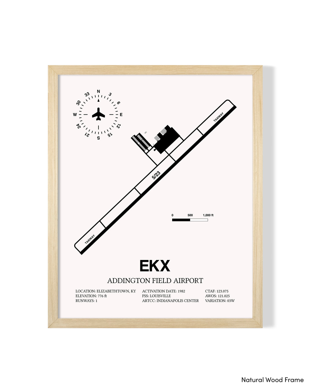 Detailed Airport Map of Addington Field Airport (EKX) in White with a Natural Frame