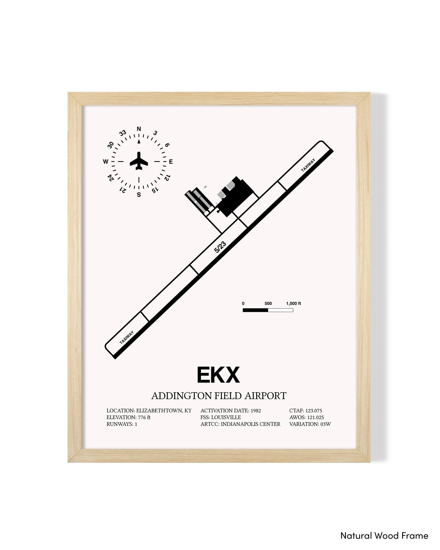 Detailed Airport Map of Addington Field Airport (EKX) in White with a Natural Frame