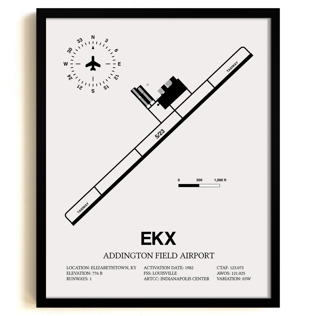 Framed Detailed Airport Map of Addington Field Airport (EKX) in White with a Black Frame