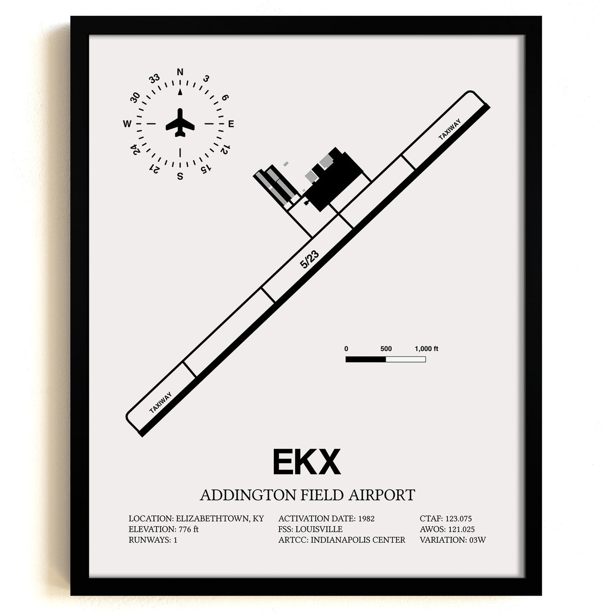Framed Detailed Airport Map of Addington Field Airport (EKX) in White with a Black Frame
