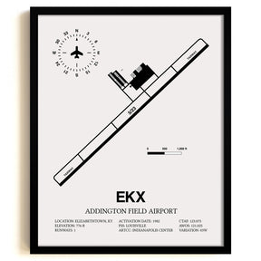 Framed Detailed Airport Map of Addington Field Airport (EKX) in White with a Black Frame