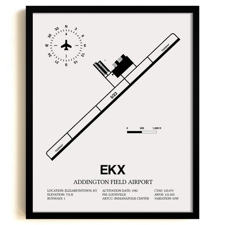 Framed Detailed Airport Map of Addington Field Airport (EKX) in White with a Black Frame