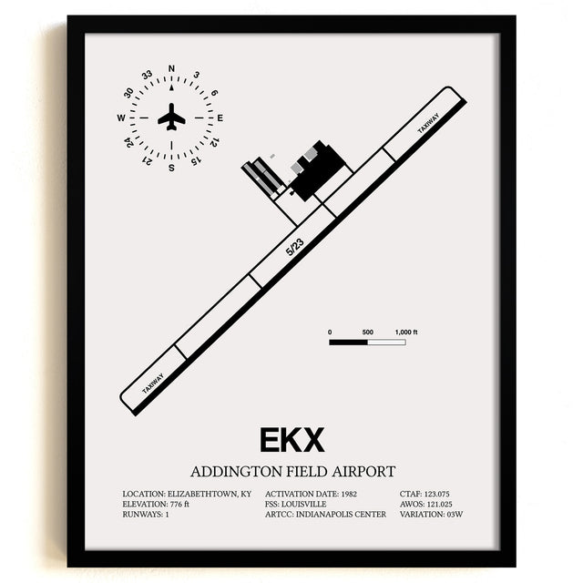 Framed Detailed Airport Map of Addington Field Airport (EKX) in White with a Black Frame