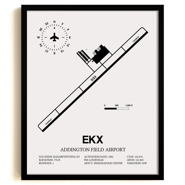 Framed Detailed Airport Map of Addington Field Airport (EKX) in White with a Black Frame