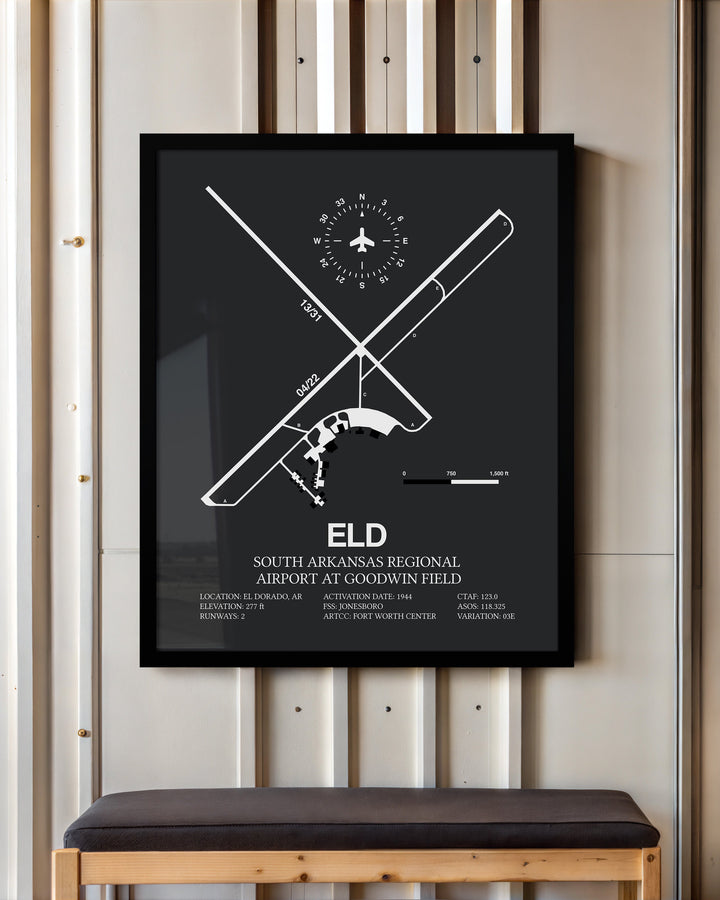 Framed Detailed Airport Map of South Arkansas Regional Airport at Goodwin Field (ELD) in Gray with a Black Frame