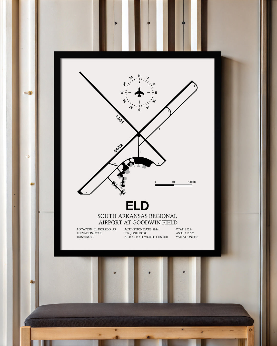 Framed Detailed Airport Map of South Arkansas Regional Airport at Goodwin Field (ELD) in White with a Black Frame